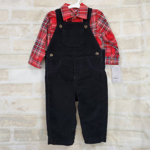 Carters boys New 2pc set red flannel shirt black cord overalls snaps 9m