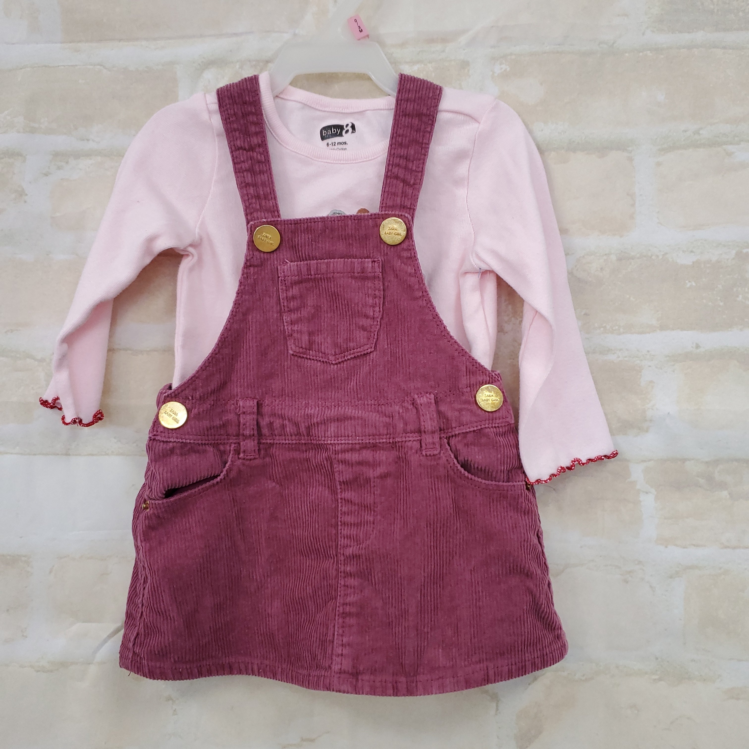 Baby 8 girls 2 pc set pink top L/S coveralls dusty rose 6-12m