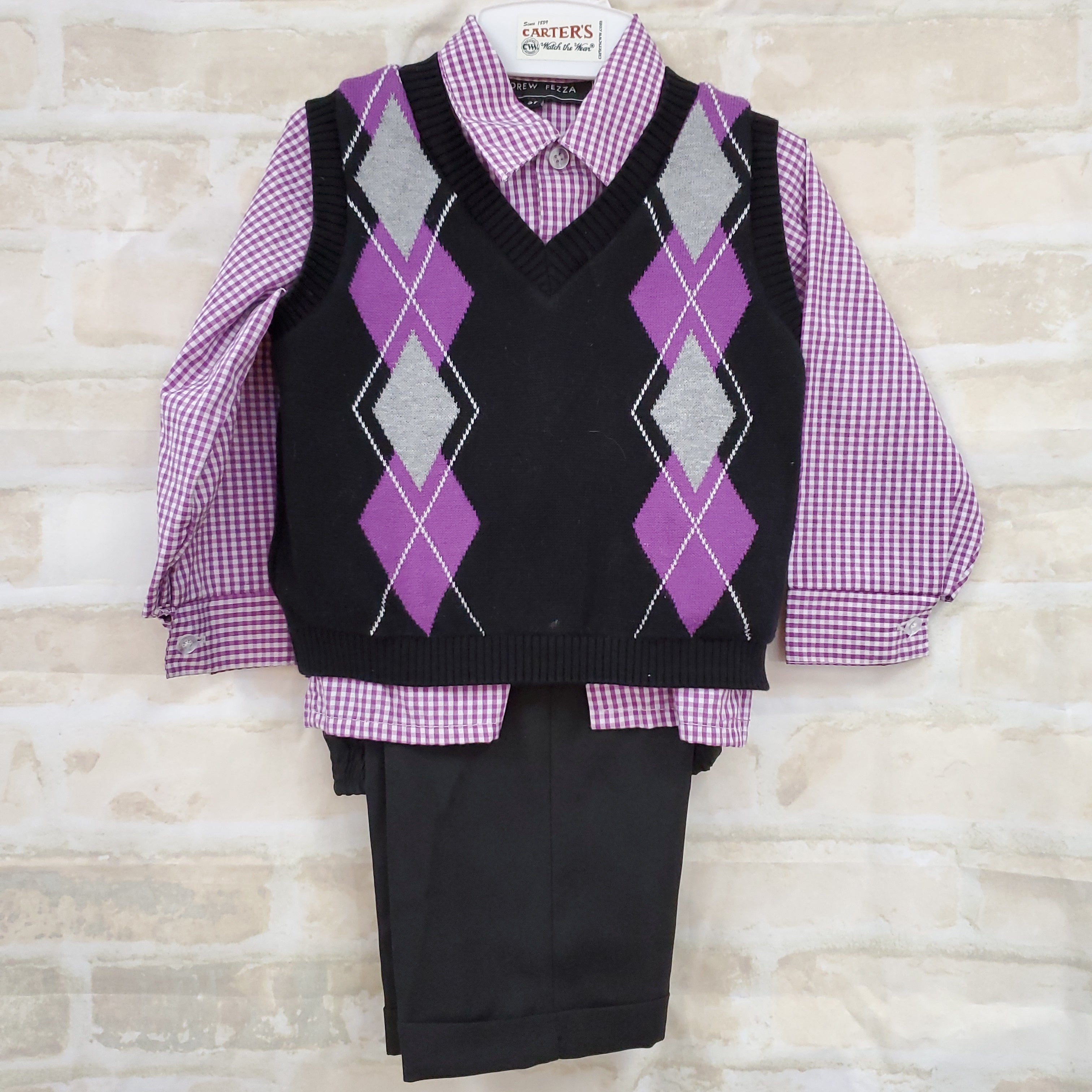 Andrew Fezza boys 3pc suit purple L/S button shirt balck pants black sweater vest 3T