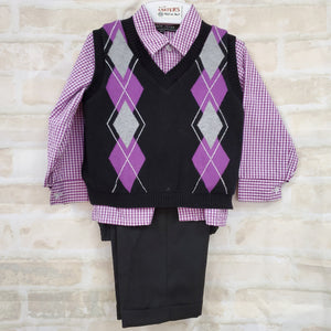 Andrew Fezza boys 3pc suit purple L/S button shirt balck pants black sweater vest 3T