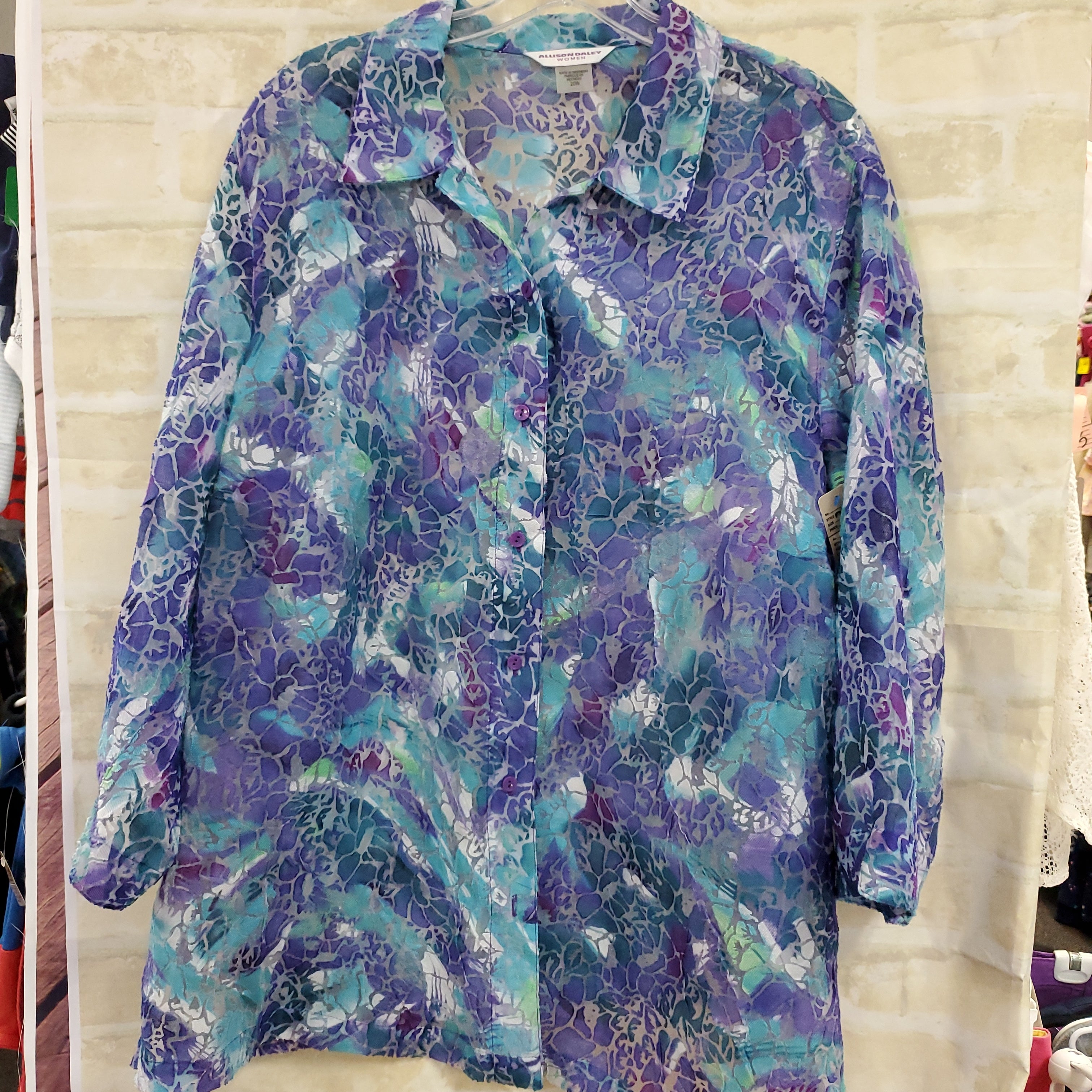 Allison Daley womens top purple/blue print button down 3/4 sleeves 20W