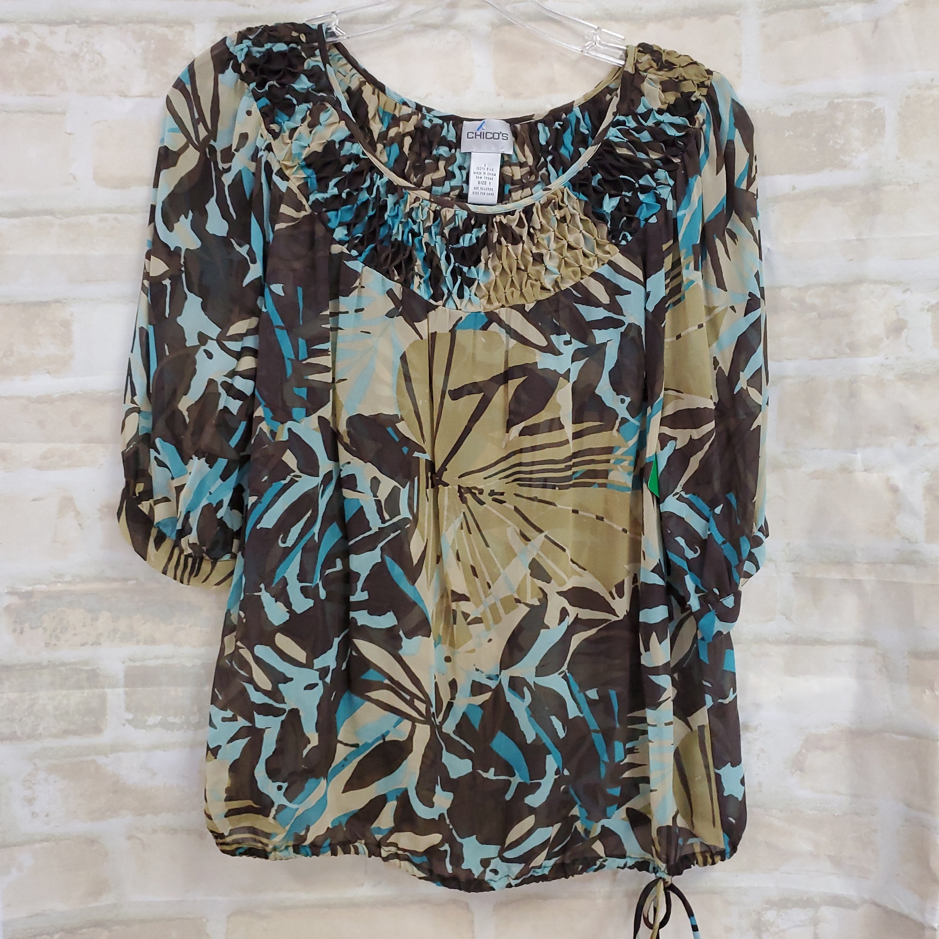 Chicos womans top brown/blue 3/4 sleeve silk 1w