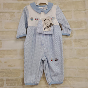 Little Wonders boys New 2pc romper blue checked buttons hat 6-9m