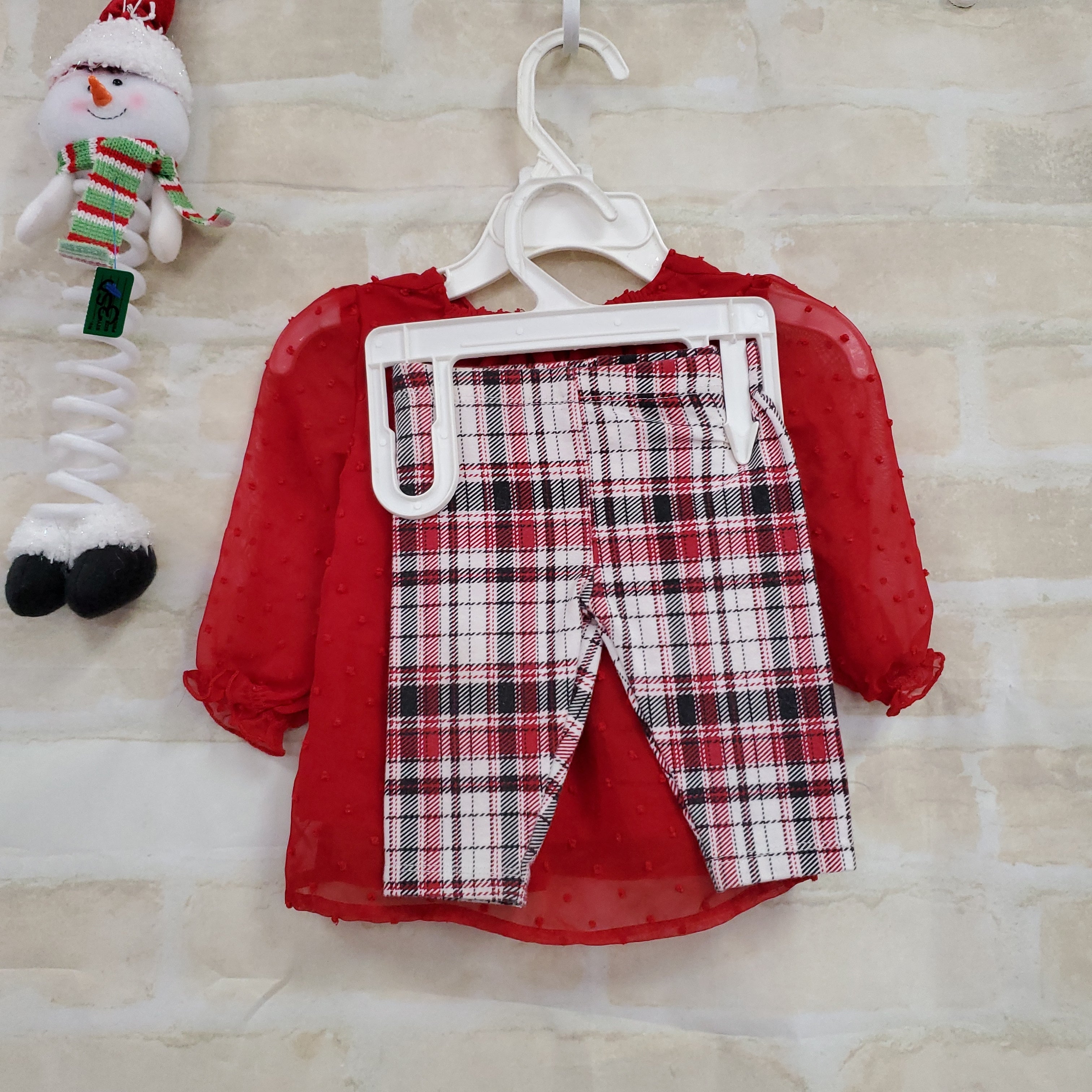 Wonder Nation girls 2pc top red overlay red plaid pants knit 0-3m
