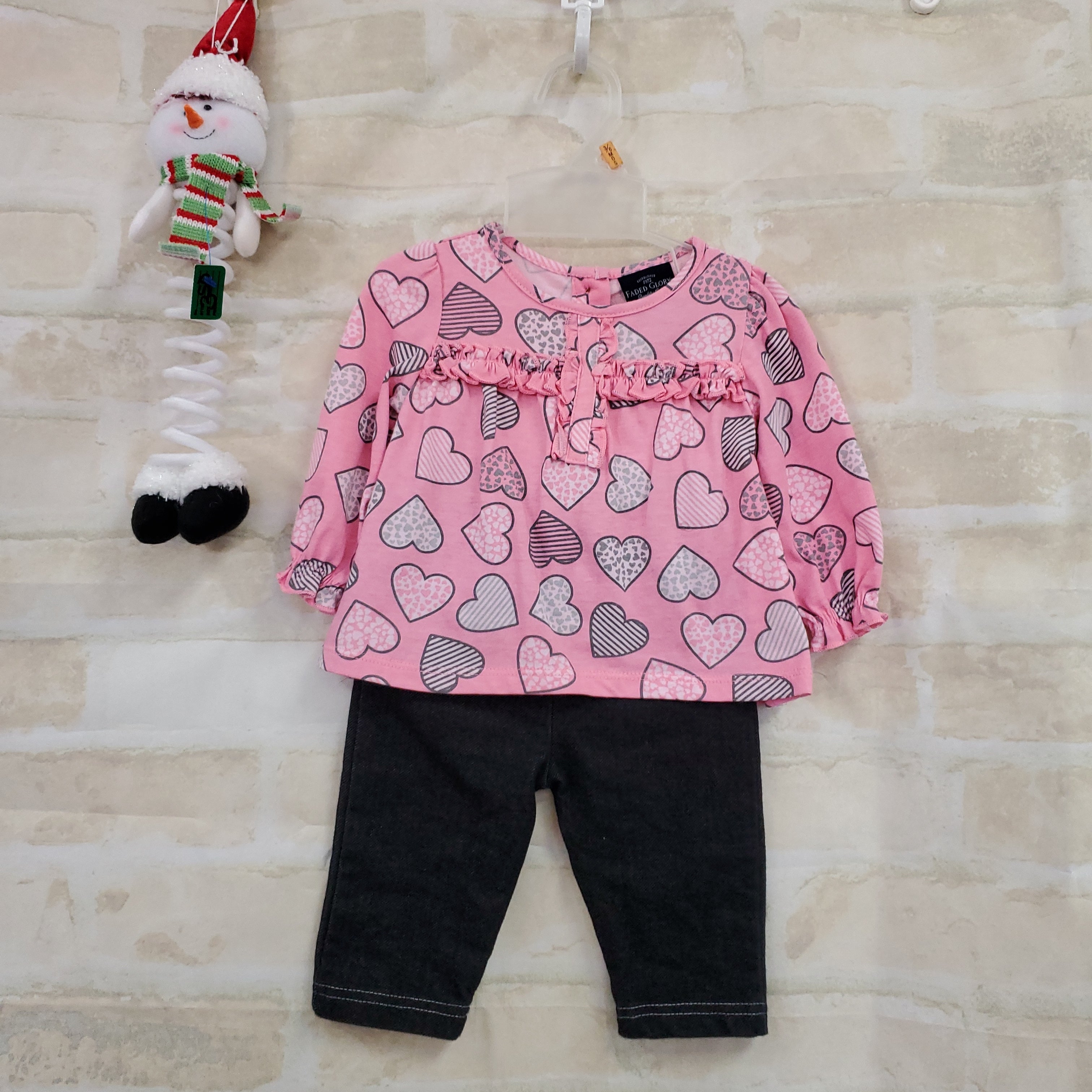 Faded Glory girls 2pc top pink heart L/S buttons pants blue knit 3-6m