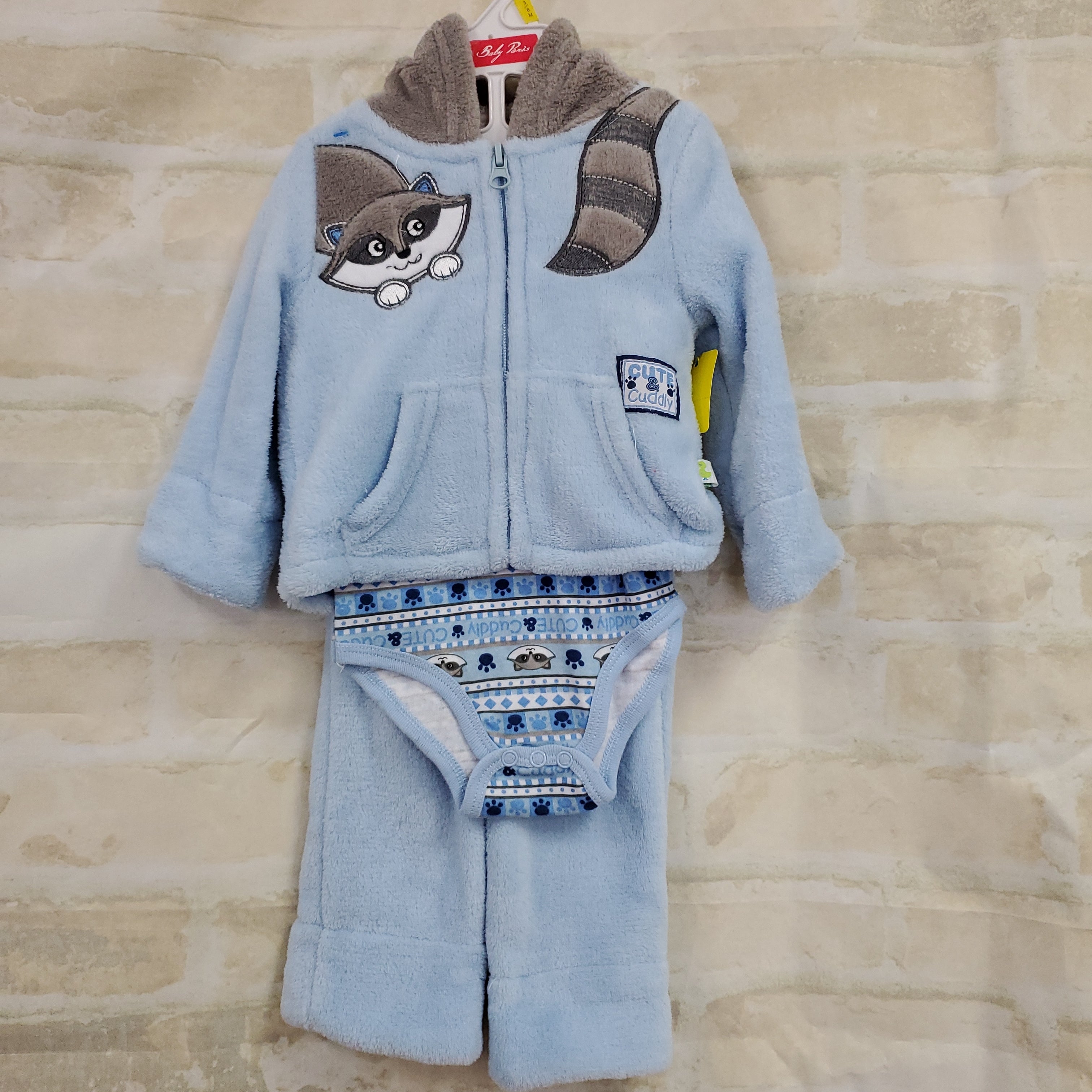 Duck Duck Goose boys 3pc jacket blue fleece zips hood onesies blue pattern L/S pants blue fleece 0-3m