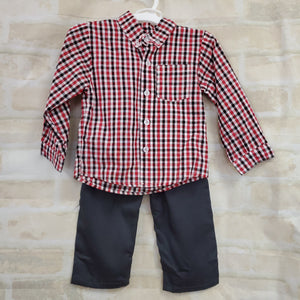 Only Kids boys 2pc shirt red/gray checks L/S buttons pants gray 18m