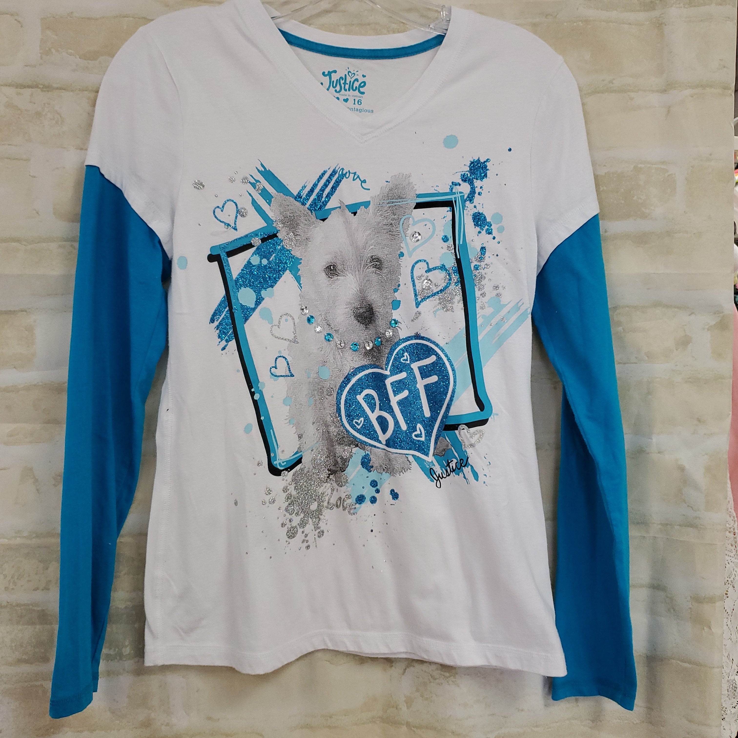 Justice girls top white blue sleeves L/S 16