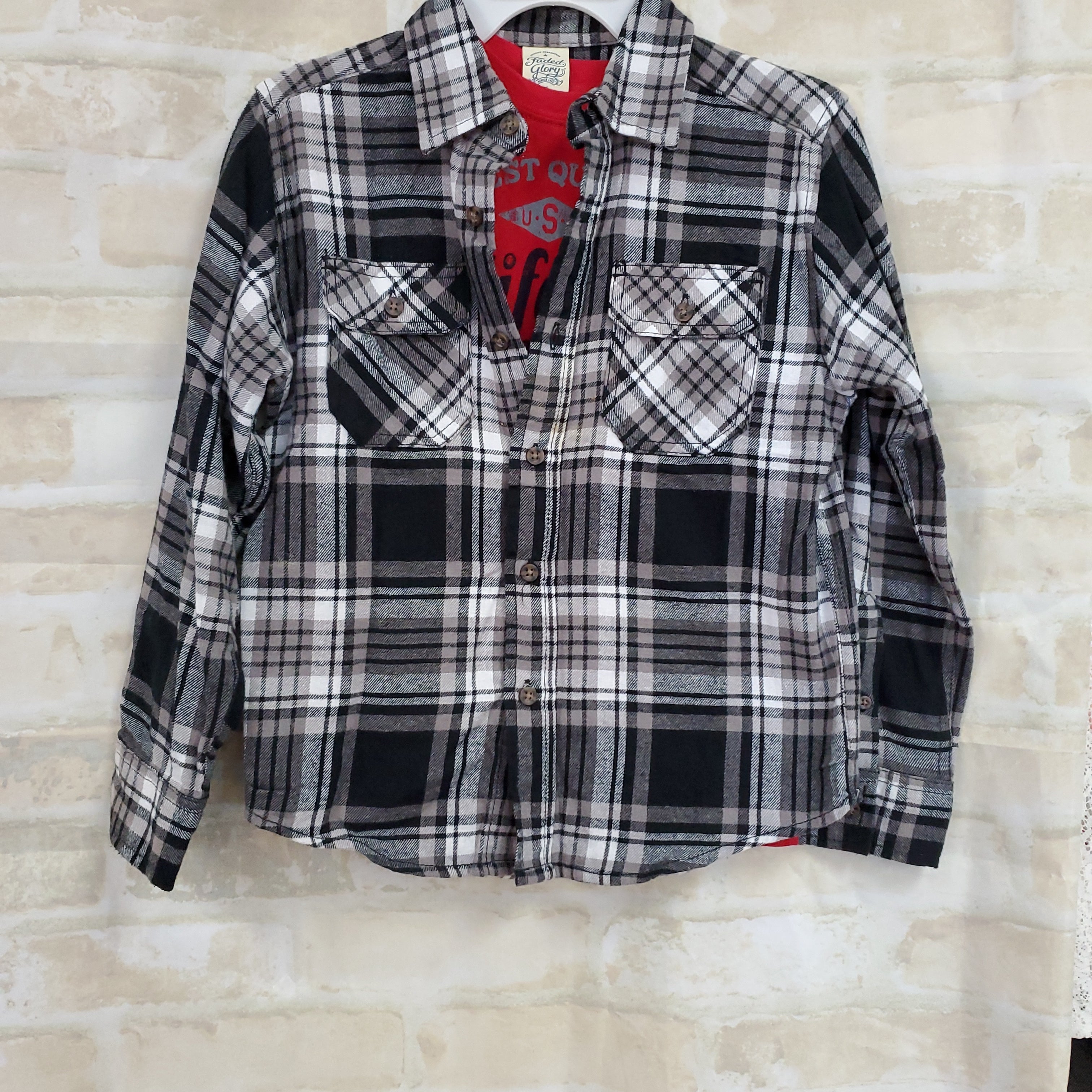 Faded Glory boys 2pc shirt black plaid flannel buttons L/S shirt red print S/S 8