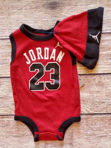 Jordan red baby boy onesie with hat sz 0-3