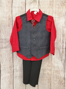 George  boys 4pc suit red shirt stripe tie black pants vest 2T