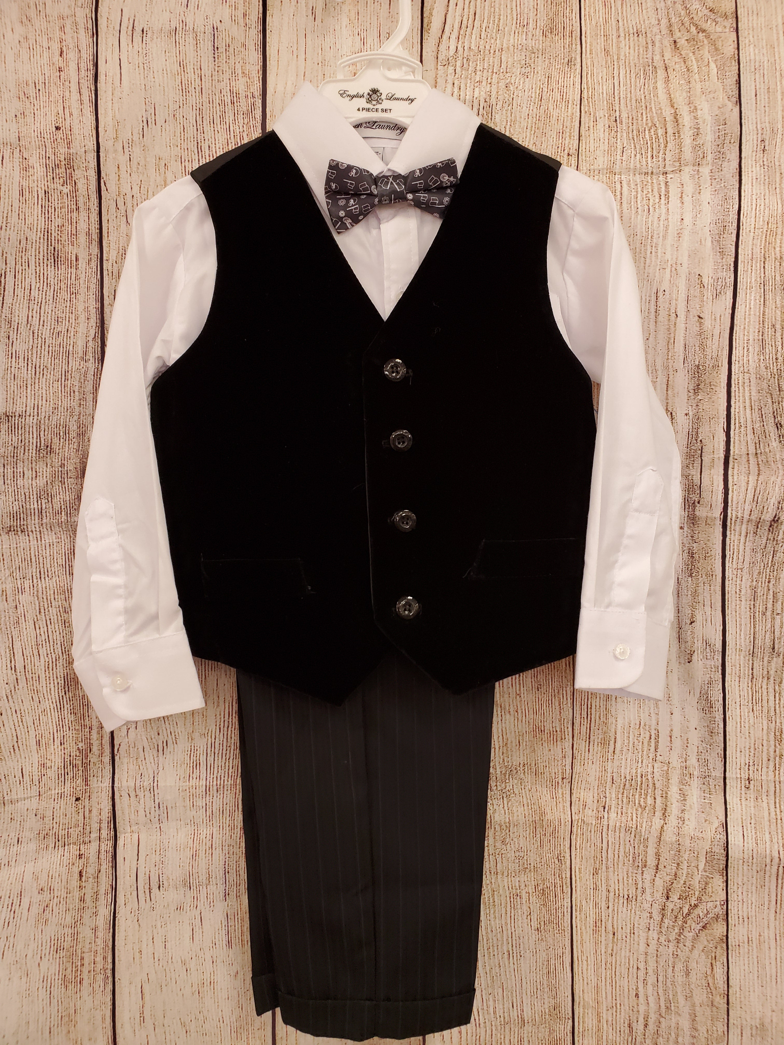 English Laundry boys New 4pc suit gray tie white shirt velour vest black stripe pants 4T