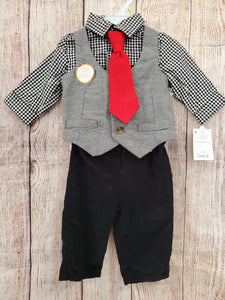 Carter's baby boys New 4pc suit red tie black checkered shirt gray vest black corduroy 3m
