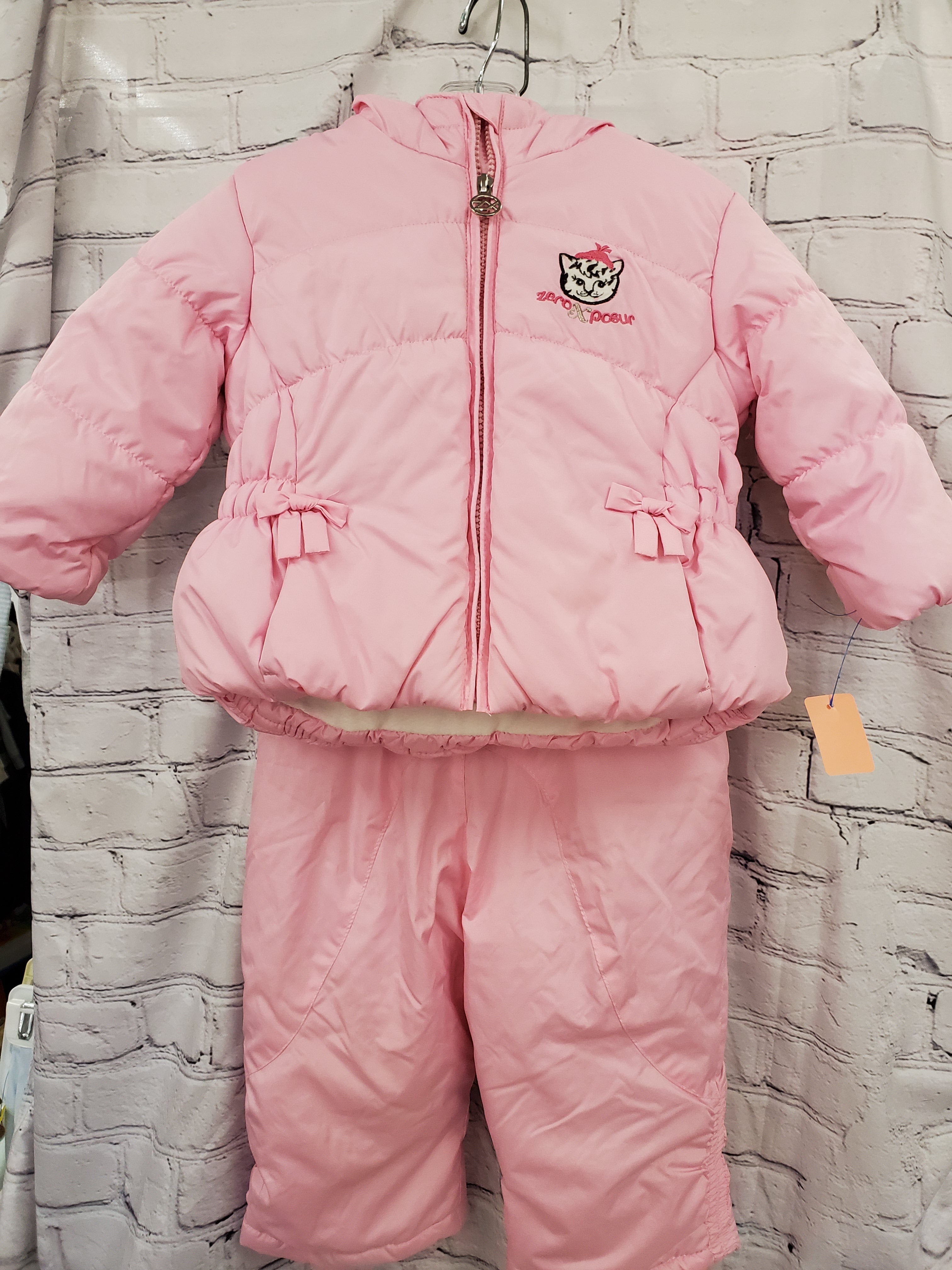 Zero Xposur girls 2pc snowsuit pink/brown spots lined jacket hooded snowpants 18m