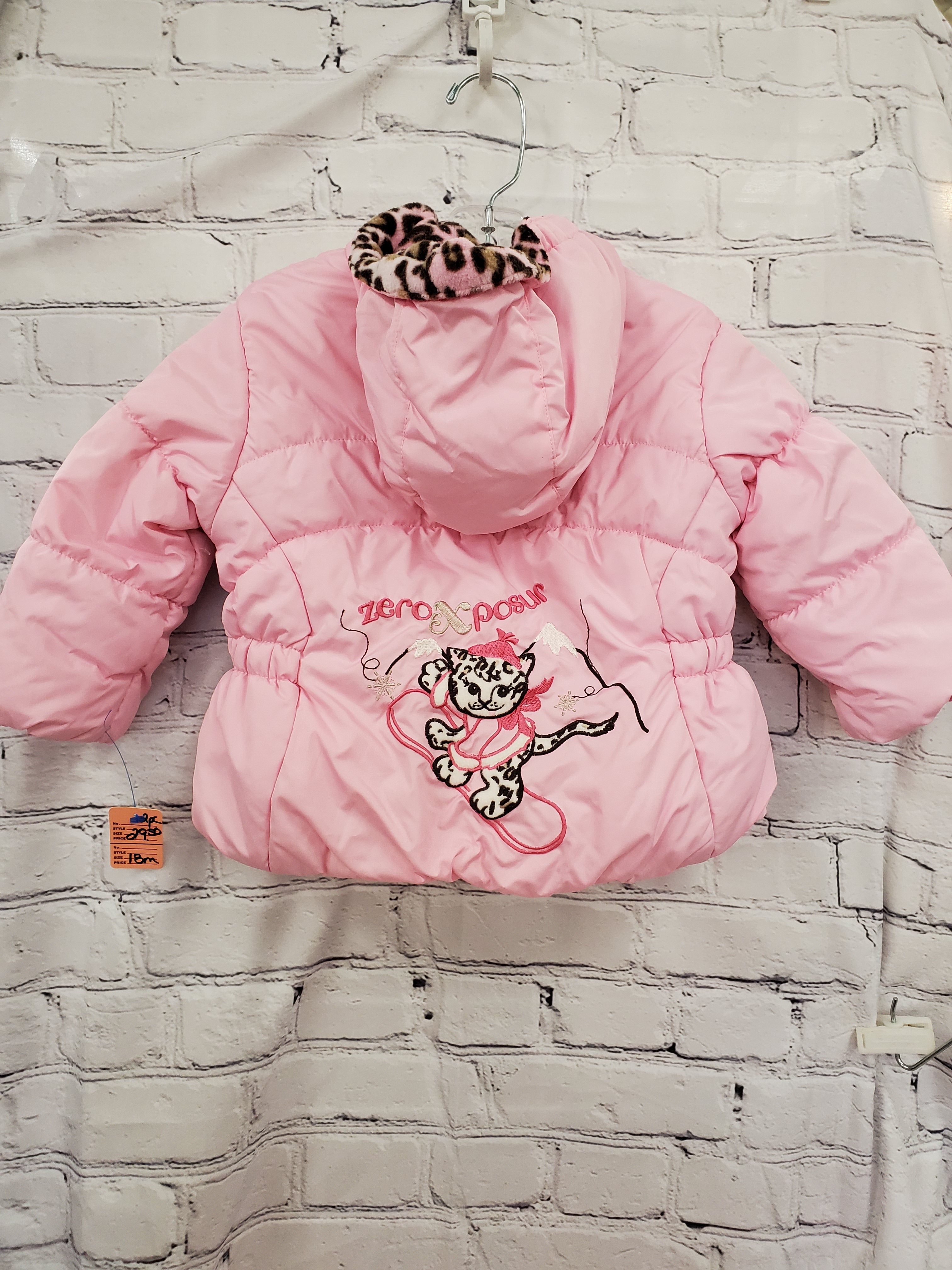 Zero Xposur girls 2pc snowsuit pink/brown spots lined jacket hooded snowpants 18m