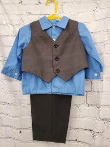 Happy Fella baby boy 3pc suit set blue shirt gray vest black pants 18m